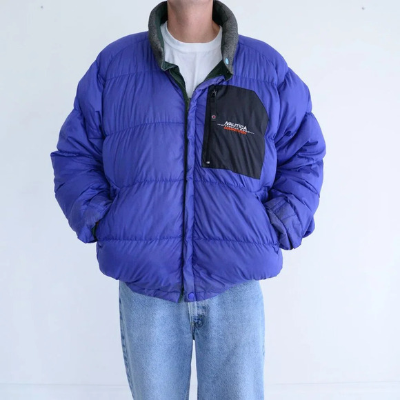 VTG 90S Nautica Elevation 8000 Reversible Blue Green Puffer Zip Up Winter Jacket - Picture 1 of 16